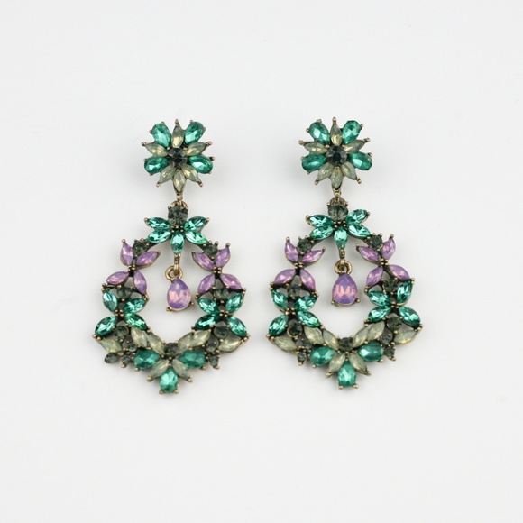 "Chelsea" Drop Crystal Earrings - Green & Lavender - Picture 2 of 4